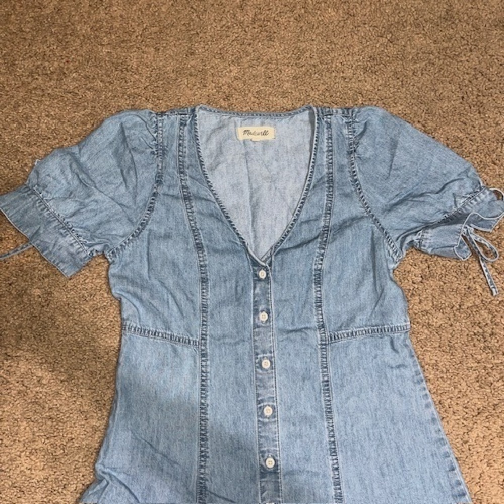 Madewell Tencel Denim Button-Front Tie-Sleeve Mini Dress Brannon Blue 2 - Picture 4 of 10